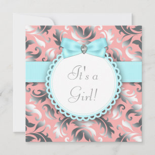 Coral Teal Blue and Grey Baby Shower Invitation