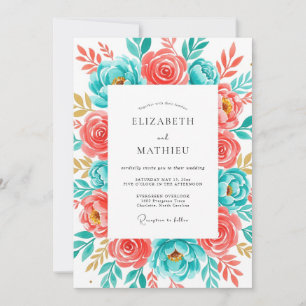 Coral Teal Botanical Bliss Wedding Invitation