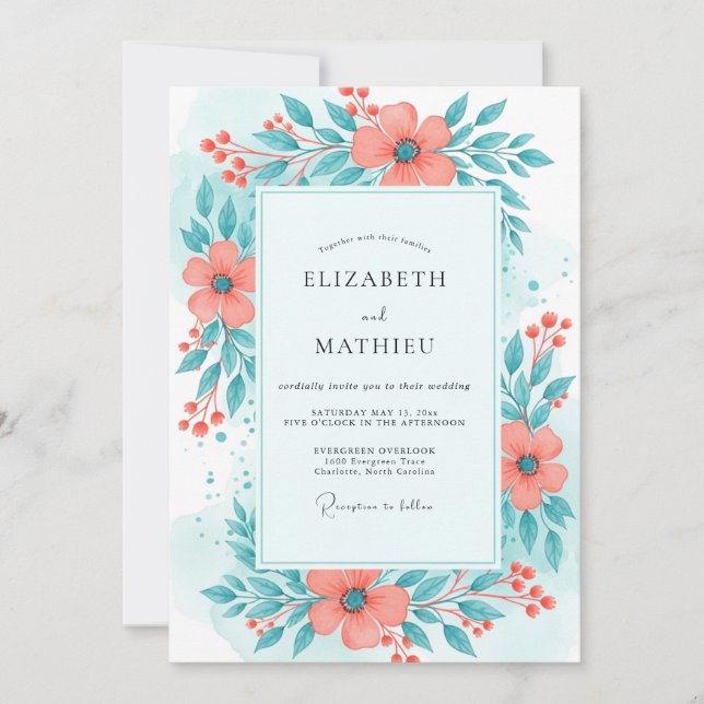 Coral Teal Bright Summer Wedding Invitation (Front)