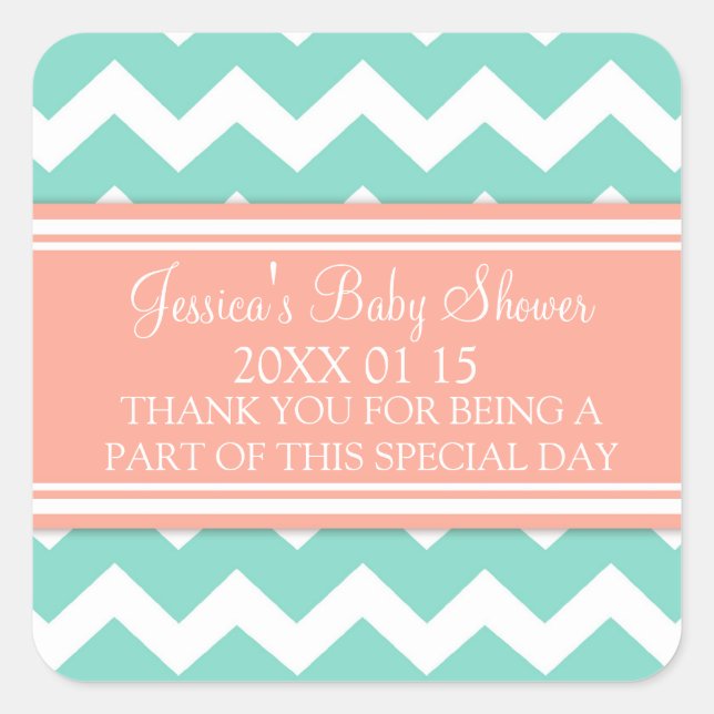 Coral Teal Chevron Baby Shower Favour Stickers (Front)