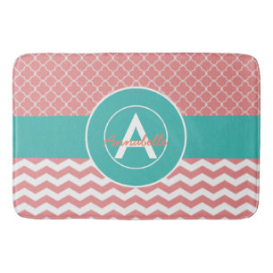 Coral Teal Chevron Quatrefoil Bath Mat