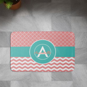Coral Teal Chevron Quatrefoil Bath Mat