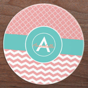 Coral Teal Chevron Quatrefoil Coaster