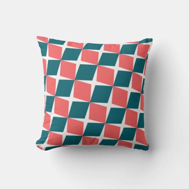 Coral & Teal Diamond Rhythm – Geometric Pattern Throw Pillow (Front)