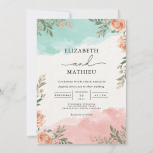 Coral Teal Floral Wash Wedding Invitation