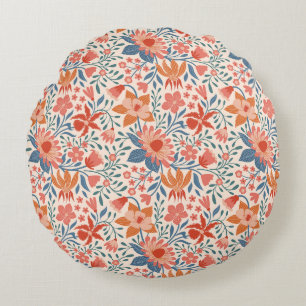 Coral & Teal Garden Blooms on Soft Beige Round Pillow