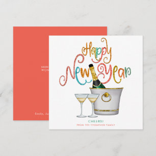 Coral Teal Gold Glitter Happy New Year Champagne Holiday Card
