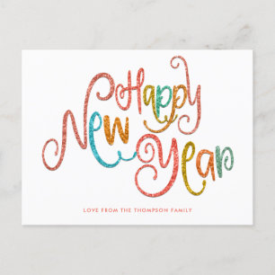 Coral Teal Gold Glitter Happy New Year Decorative Holiday Postcard