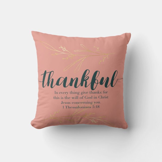 Coral Teal & Gold Thankful Scripture Pillow (Front)