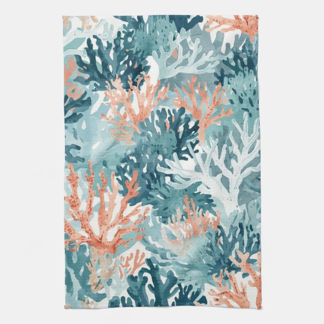 Coral Teal Green Orange Beachy Kitchen Towel (Vertical)