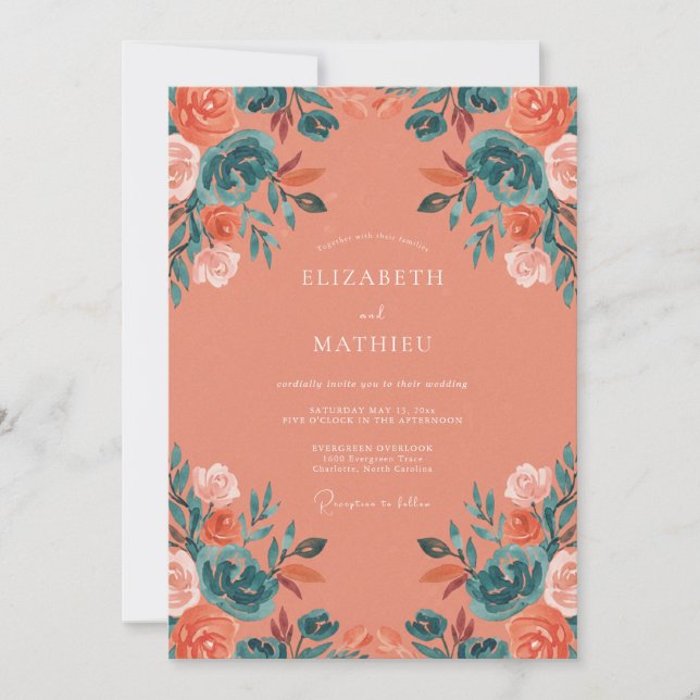 Coral Teal Leafy Wedding Invitation (Front)
