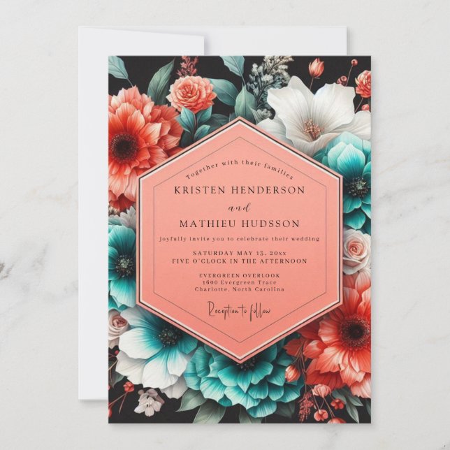 Coral Teal Nocturne Flora Wedding Invitation (Front)