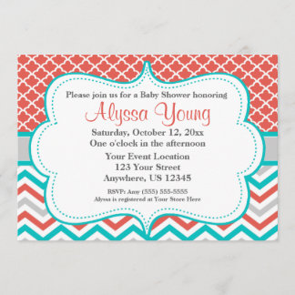 Coral Teal Quatrefoil Chevron Invitation