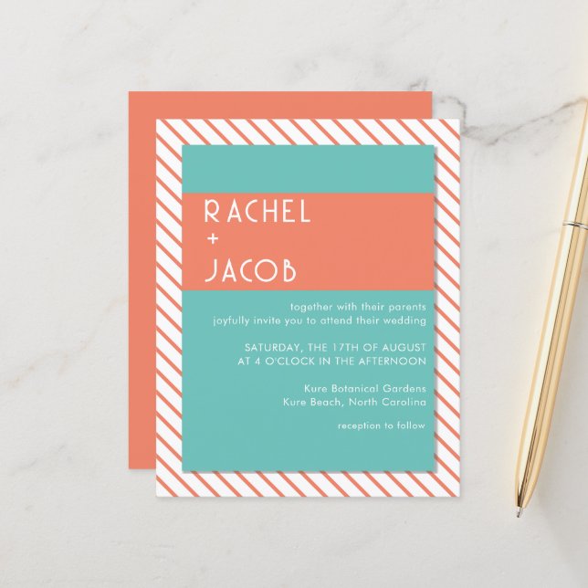 Coral & Teal Retro Summer Wedding Invitation (Front/Back In Situ)