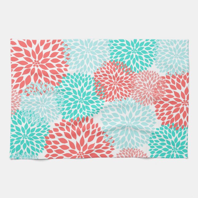 Coral Teal Seafoam dahlias kitchen decor Kitchen Towel (Horizontal)