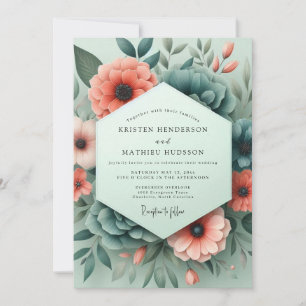 Coral Teal Somber Flora Wedding Invitation