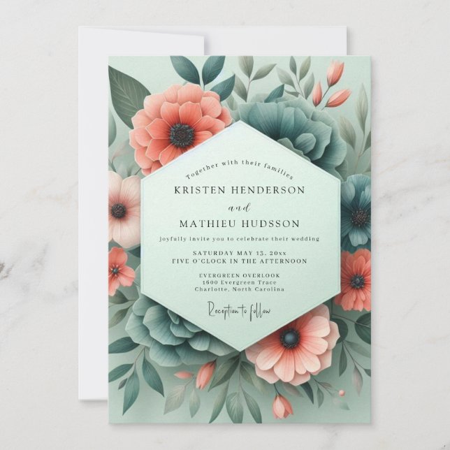 Coral Teal Somber Flora Wedding Invitation (Front)