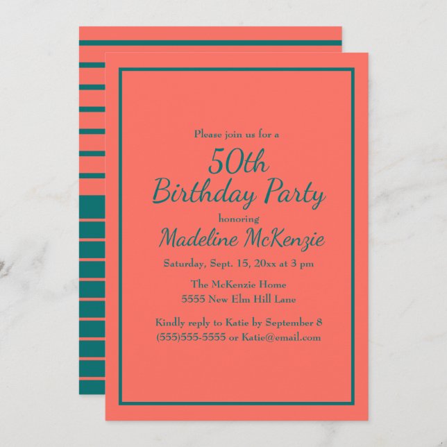 Coral Teal Striped 50th Birthday Party Invite (Front/Back)