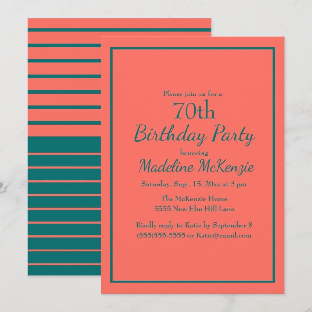 Coral Teal Striped 70th Birthday Party Invite (Front/Back)