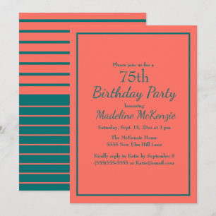 Coral Teal Striped 75th Birthday Party Invite