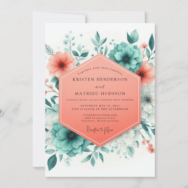 Coral Teal Summer Bloom Wedding Invitation (Front)