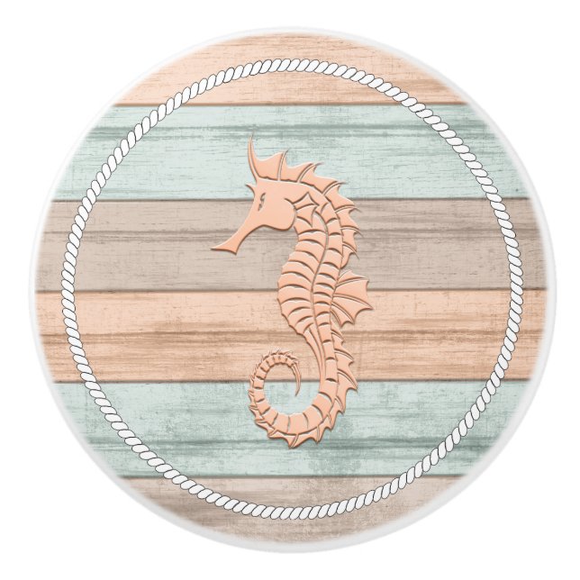 Coral, Teal, & Tan Beach Wood - Nautical Seahorse Ceramic Knob (Front)