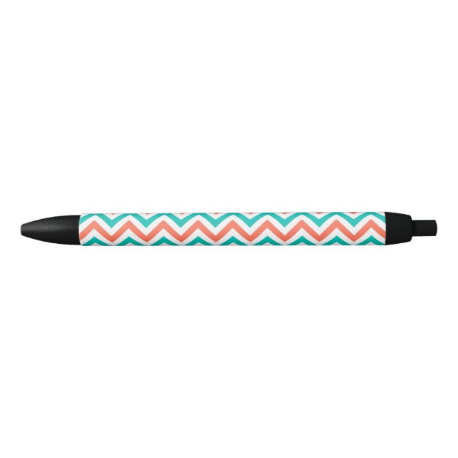 Coral, Teal, White Large Chevron ZigZag Pattern Black Ink Pen (Front)