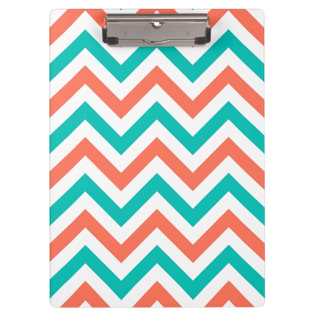Coral, Teal, White Large Chevron ZigZag Pattern Clipboard (Front)