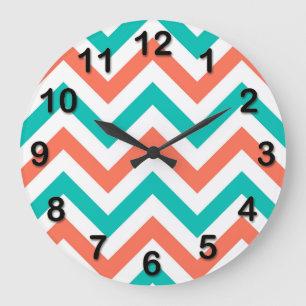 Coral, Teal, White Large Chevron ZigZag Pattern Large Clock