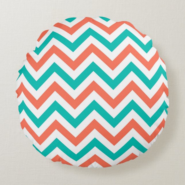 Coral, Teal, White Large Chevron ZigZag Pattern Round Pillow (Front)