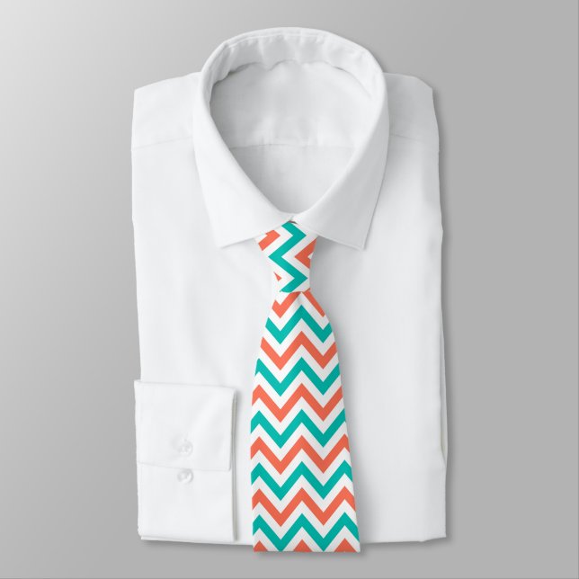 Coral, Teal, White Large Chevron ZigZag Pattern Tie (Tied)