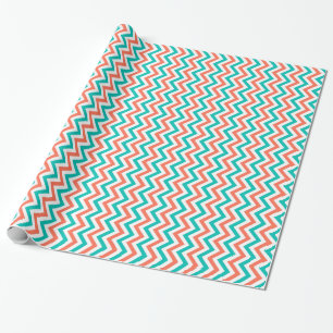 Coral, Teal, White Large Chevron ZigZag Pattern Wrapping Paper