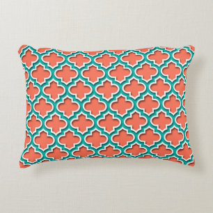 Coral Teal White Moroccan Quatrefoil #5DS Accent Pillow