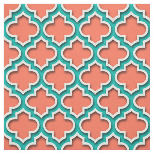 Coral Teal White Moroccan Quatrefoil #5DS Fabric