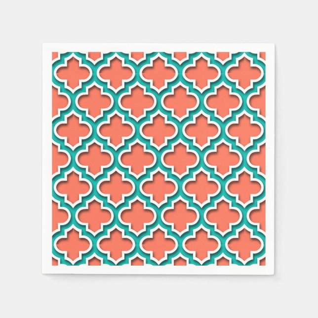 Coral Teal White Moroccan Quatrefoil #5DS Napkin (Front)
