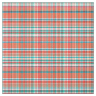 Coral, Teal, White Preppy Madras Style Plaid Sz3#2 Fabric
