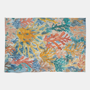 Coral Teal Yellow Orange Beachy Kitchen Towel