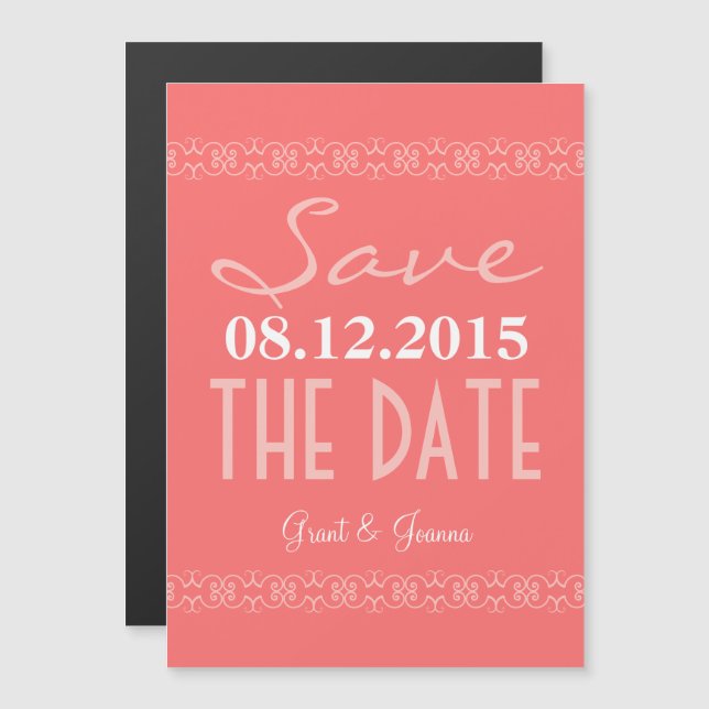 Coral Text Save The Date Magnetic Wedding Invites (Front/Back)