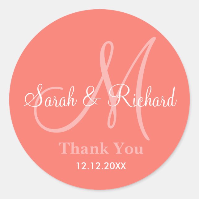 Coral Thank You Wedding Monogram Sticker (Front)