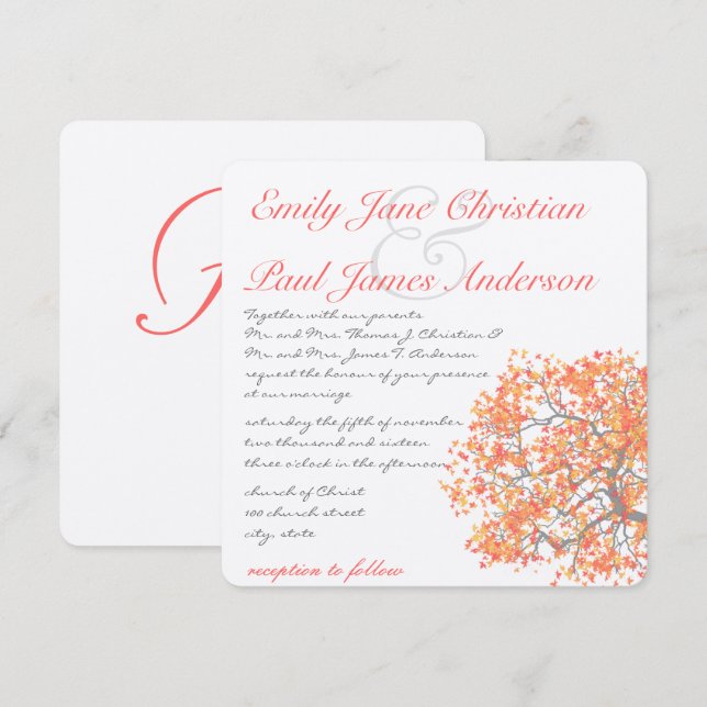 Coral Tree Grey Trunk RaspberryWedding Invites (Front/Back)
