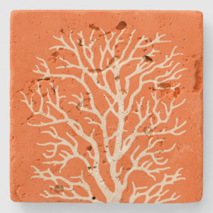 Coral Tree in Cream on Pumpkin Orange Stone Coaster