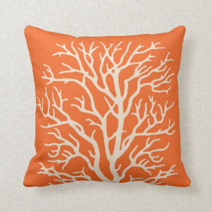 Coral Tree in Cream on Pumpkin Orange Throw Pillow