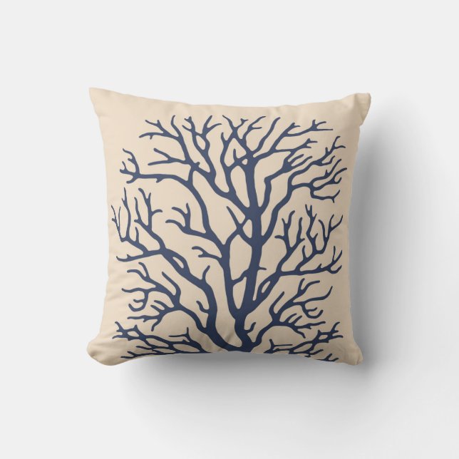 Coral Tree in Dark Navy Blue Throw Pillow (Front)