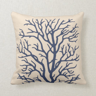 Coral Tree in Dark Navy Blue Throw Pillow