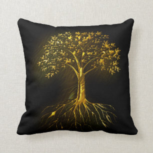 Coral Tree in Gold on Black Throw Pillow