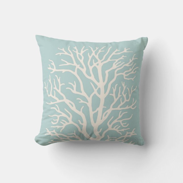 Coral Tree in White on Sea Glass Blue Throw Pillow (Front)
