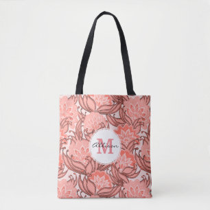 Coral Tropical Floral Pattern with Monogram Tote Bag