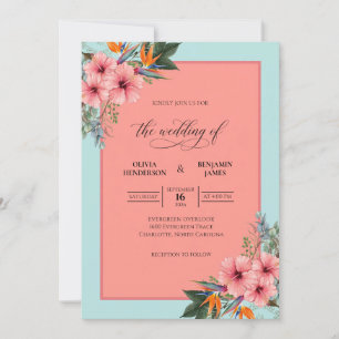 Coral Tropical Hibiscus Soft Eucalyptus Wedding Invitation