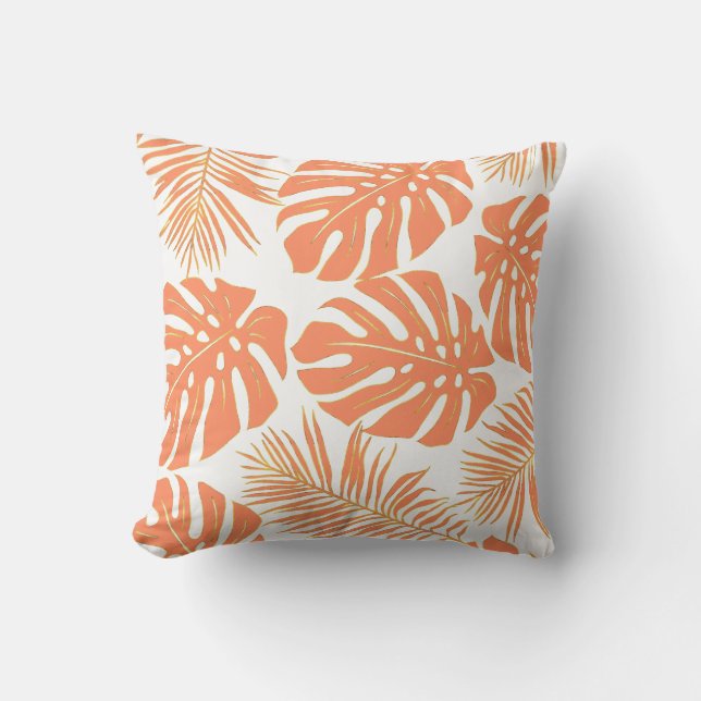 Coral tropical monstera and palm leaves pattern outdoor pillow (Front)