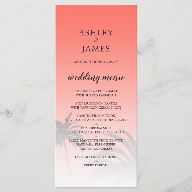 Coral Tropical Palm Tree Beach Wedding Menu (Front)